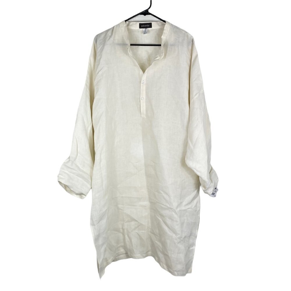 Eskandar Linen Long Sleeve Mandarin Collar Slit Long Dress Cream 2 (US 14-16)